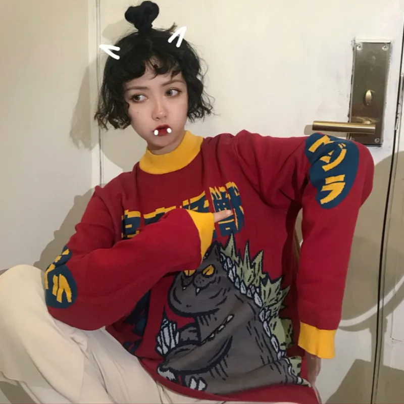 Harajuku Fashion Knitted Women Sweater Cartoon Monster Embroidery Student Sweater Coat Loose Retro Hit Color Pullover Sweater