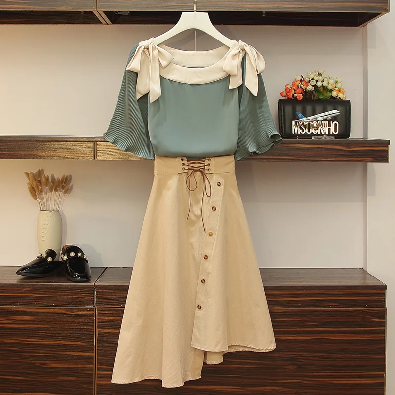 

ICHOIX lace up tops + skirt 2 pieces sets women casual two pieces outfit Korean style Skirt set L-4XL Plus size summer clothing