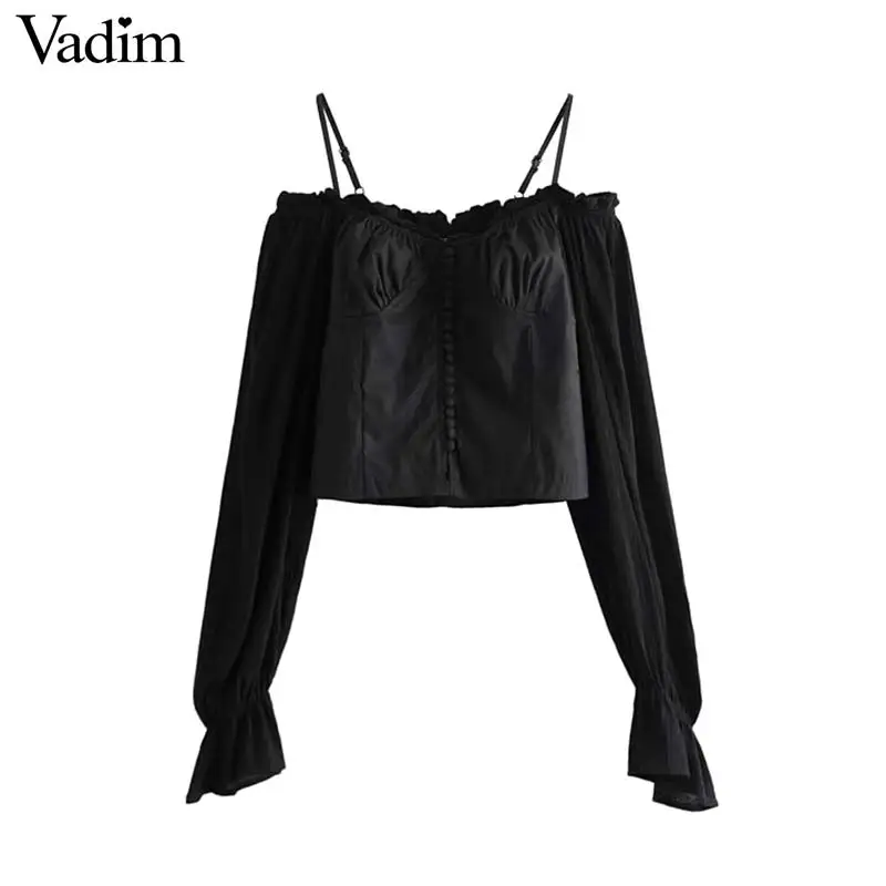 

Vadim sexy off shoulder black crop top slash neck slim fit long sleeve adjustable strap blouse female short shirt blusas LA927