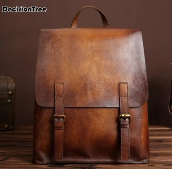 

New Classic Oil Wax Male Backpacks Casual Genuine Leather Business Shoulder Bag Vintage Multifunctional College Schoolbag C204