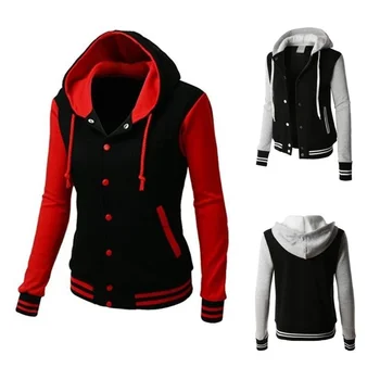 

Womens Contrast Sleeve Fleece Varsity Baseball Hoodie Jacket