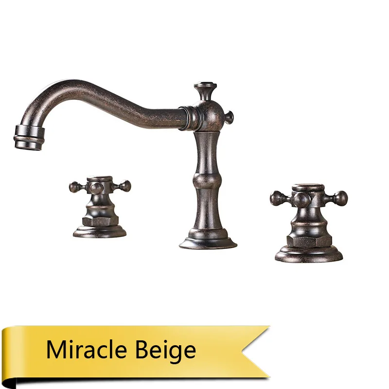 Античная латунь бортике смеситель для раковины широкий Ванная Комната Раковина мойка кран двойная ручка 3 отверстия смеситель - Цвет: Miracle Beige