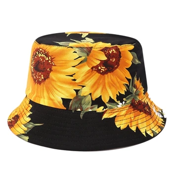 

Printed Sunflower Bucket Hat Caps Fisherman Panama Cotton Layer Fabric Sun Hats Casual Unisex Fashion Caps Panama Flat Hats
