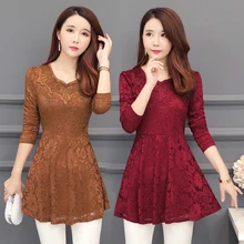 Red Lace Blouse shirt mesh stitching lace chiffon blouse elegant female hollow out casual lace tops fashion women clothing 004H lace panel blouse