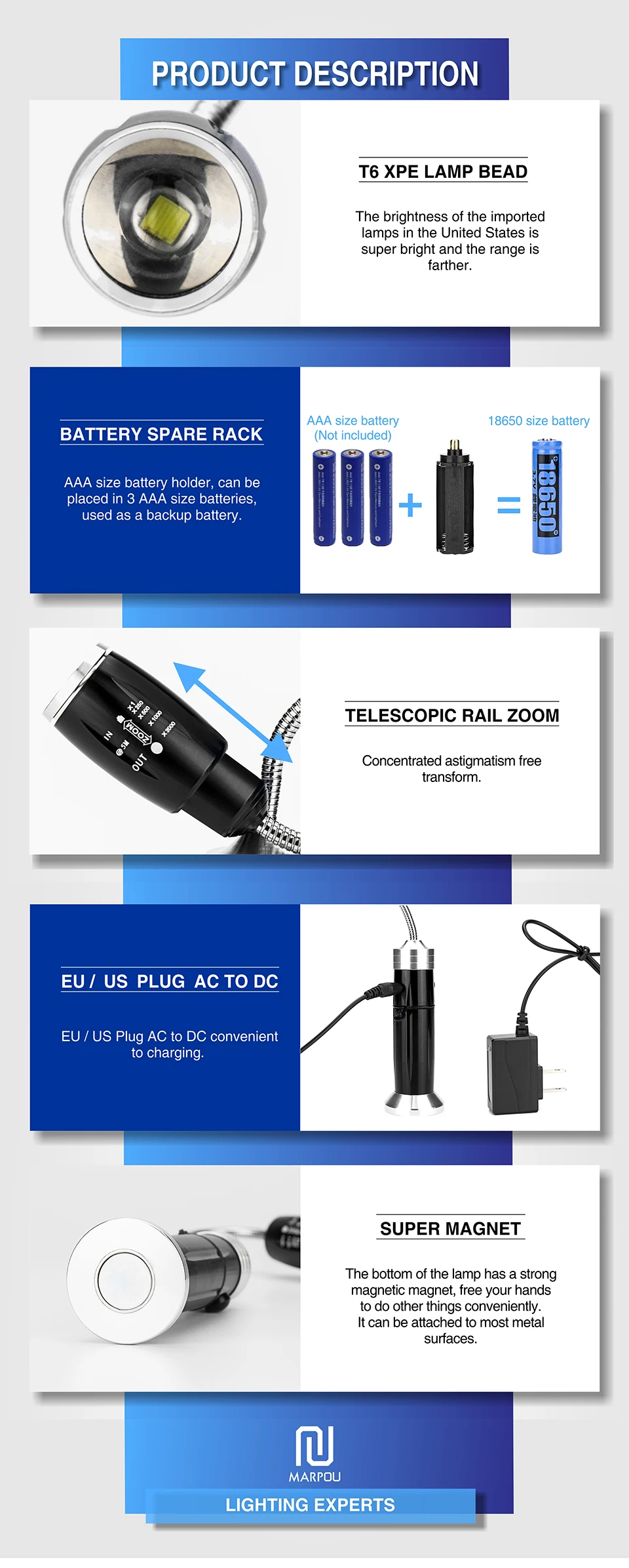 Portable LED Flashlight Multifunctional Waterproof Working Lamp Magnetic Base Flexible Gooseneck Adjustable Focus Light For BBQ