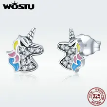 WOSTU горячая Распродажа 925 пробы серебряные ослепительные серьги-гвоздики с единорогом для женщин милые серебряные ювелирные изделия прозрачные CZ вечерние подарки DXE426