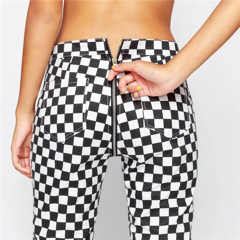 2018 Fashion Punk Women Plaid Harem Pants Zipper Ring