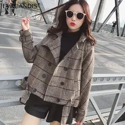 Короткое клетчатое пальто больших размеров корейское шерстяное двубортное теплое элегантное винтажное дизайнерское шерстяное пальто