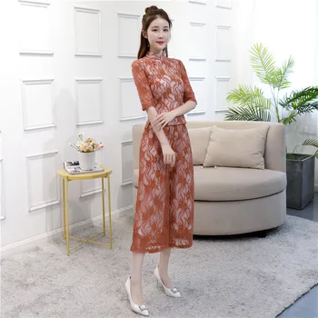

New Vintage Chinese Style Blouse Pants Sets Women Lace Short Sleeve Shirt Tops Mandarin Collar 2pc Clothing Size S-XXL