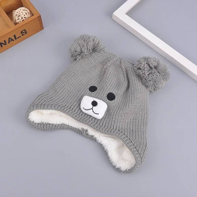 Soft Warm Bear Beanie Hat For Baby Boys Girls Cute Cartoon Kids Hat With Pompom Knitted Double Layer Velvet Winter Baby Hat New  (4)