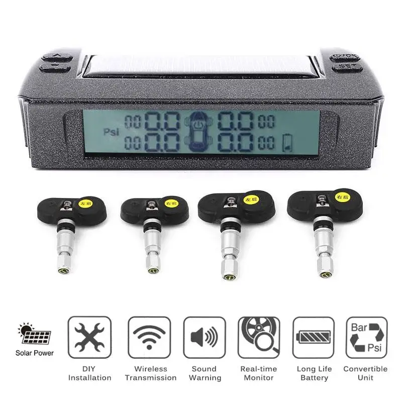 

VEHEMO Solar Energy Monitoring Tire Temp Car LED Pressure Wireless Alarm Digital Display Auto Charging Intelligent Sensor
