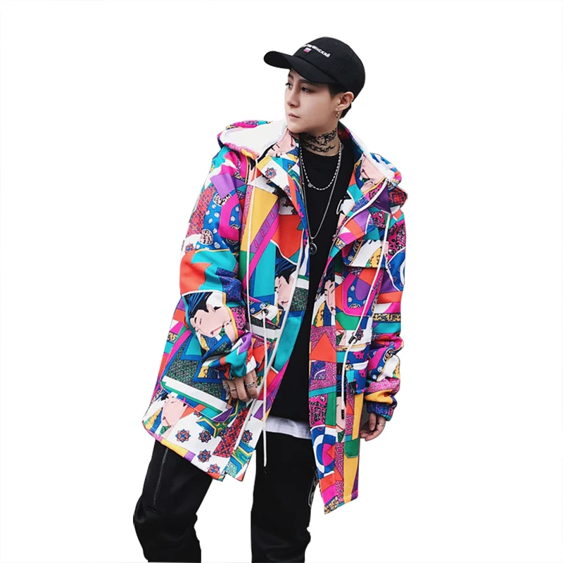 

Long Trench Coat Men Streetwear Geisha Printed Hooded High Street Clothing