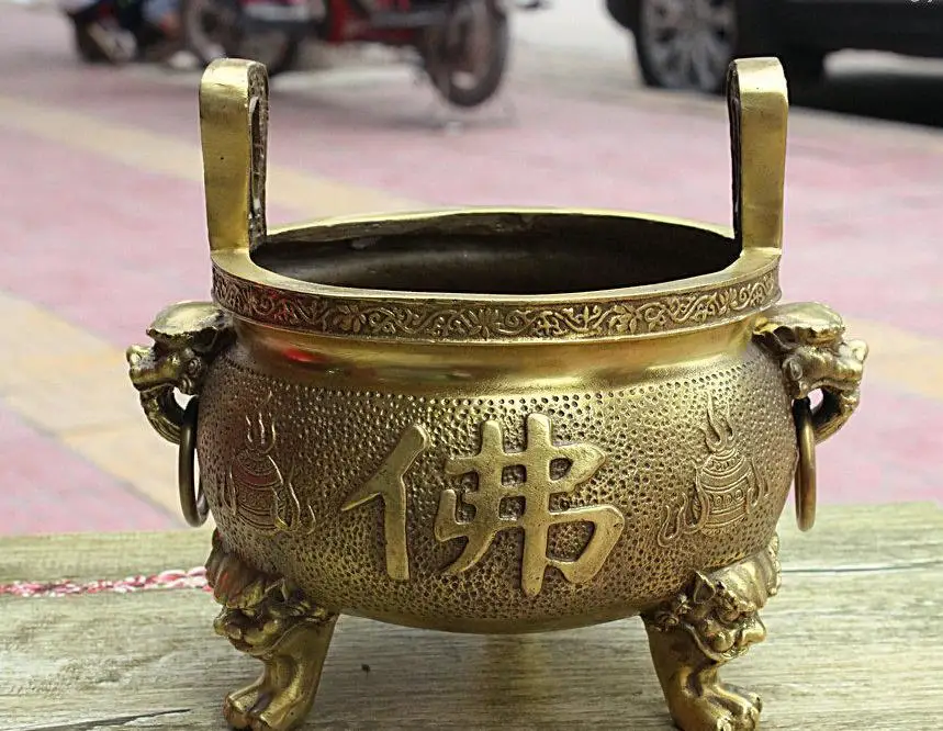 

671115961++9" China Temple Pure Copper Brass Lion Head Fo Statue Incense Burner Censer Ding