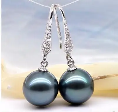 

925 silver real natural big 12mm natural seawater pearl earrings earrings Black Pearl 925 silver ear hook round light