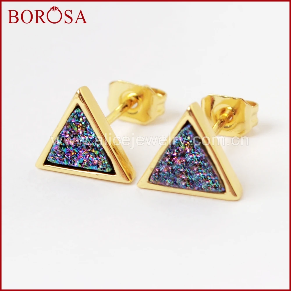 BOROSA 5/10 пар треугольник золотой цвет Радуга титановая Друза серьги гвоздики