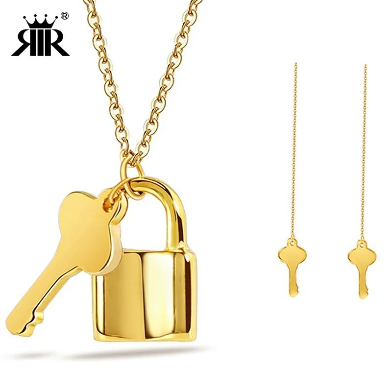 

RIR Lock And Key Necklaces & Pendants Earrings Stainless Steel Gold Key Women Jewelry Set Wedding Fashion Jewelry