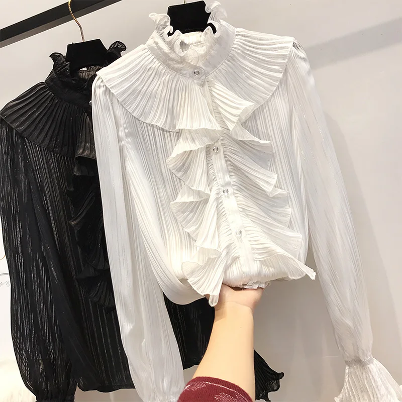 

spring 2019 Women White Shirt Long Sleeve Shirt Korean Ruffles Women Clothing Streetwear Slim Chiffon Blouse Elegant Women Tops