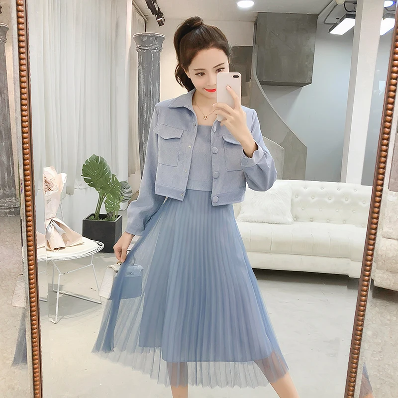 Long Mesh Dress+basic Coat Women Set 