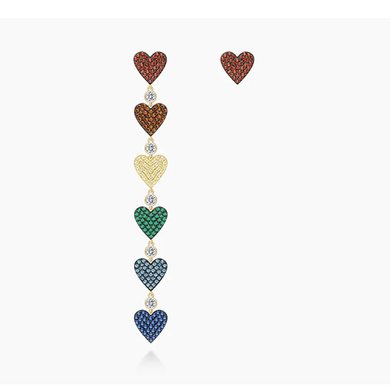 

SLJELY Luxury 925 Sterling Silver Asymmetric Rainbow Love Heart Long Drop Earring Multicolor Cubic Ziconia Stones Women Jewelry