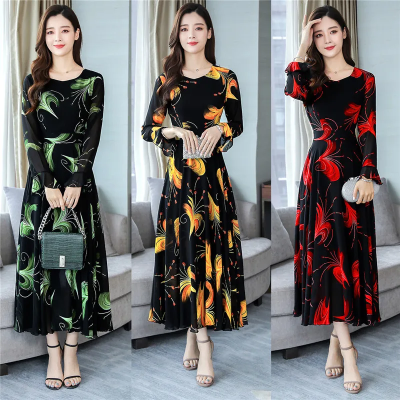 

2019 Floral Print Ruffles Korea Autumn Flare Sleeve Chiffon Dresses Fashion A-line New Plus Size Vestidos O Neck Party Dress