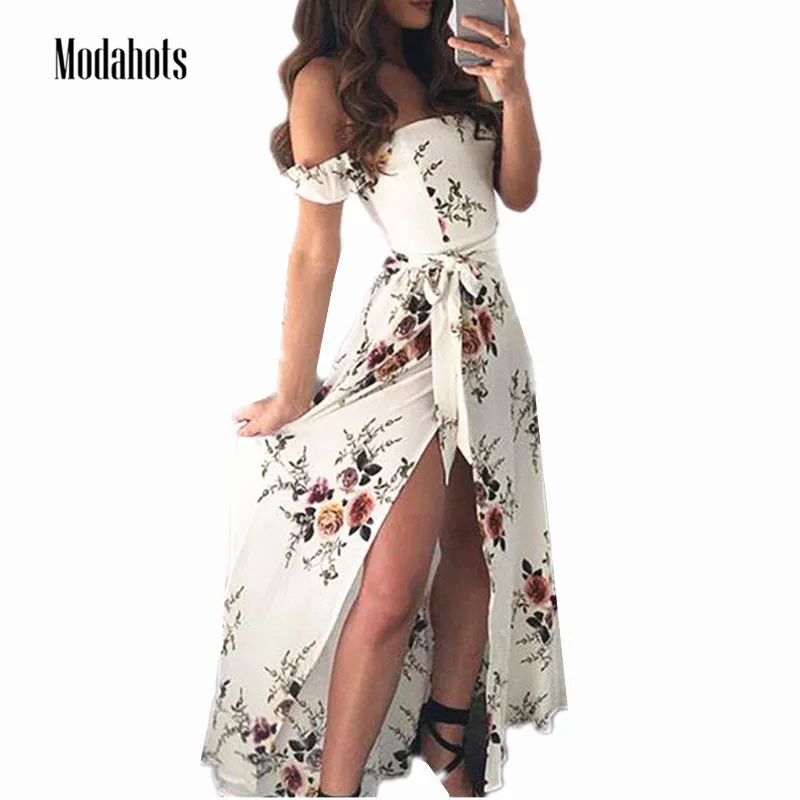 Chiffon Floral Print Maxi Dress With Side Split