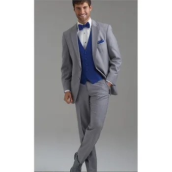 

Customize Two Buttons Light Grey Groom men suit Tuxedos Notch Lapel Groomsmen Wedding Suits Bridegroom ( jacket+Pants+vest+tie)