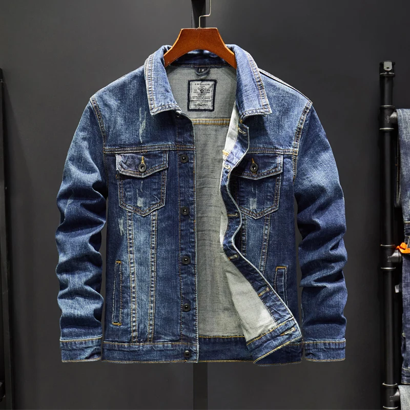 

2019 New Men's Fashion Denim Jacket Classic Design Cotton Lapel Slim Fit Casual Spring Autumn Jean Coat Male Blue