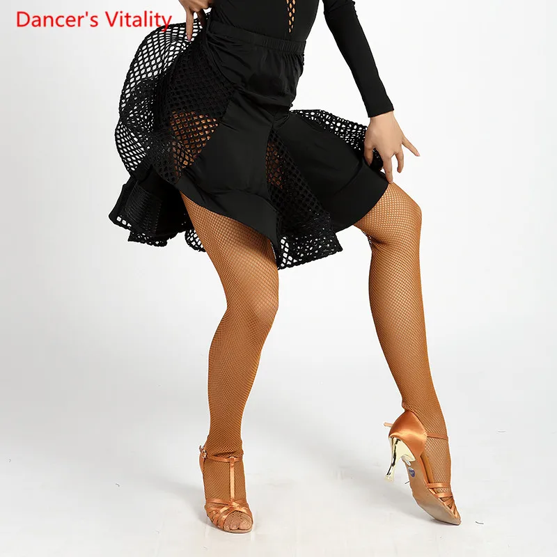 Women Latin Dance Practice Skirt Mesh Stitching Fish bone Swing Skirts