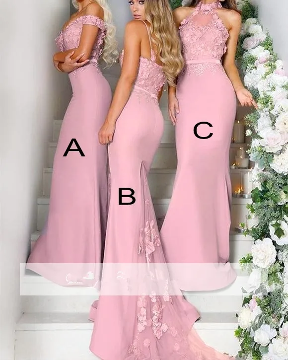 

Pink 2019 Cheap Bridesmaid Dresses Under 50 Mermaid Halter Flowers Long Wedding Party Dresses For Women