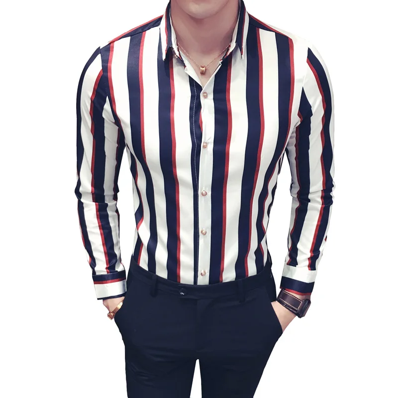 Nice Men Shirt Korean Slim Fit Striped Print Casual Men's Social Shirts