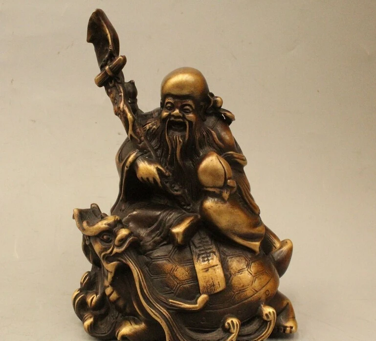 

8" Chinese Bronze Longevity God Ride Dragon Turtle Tortoise Peach Wealth Statue