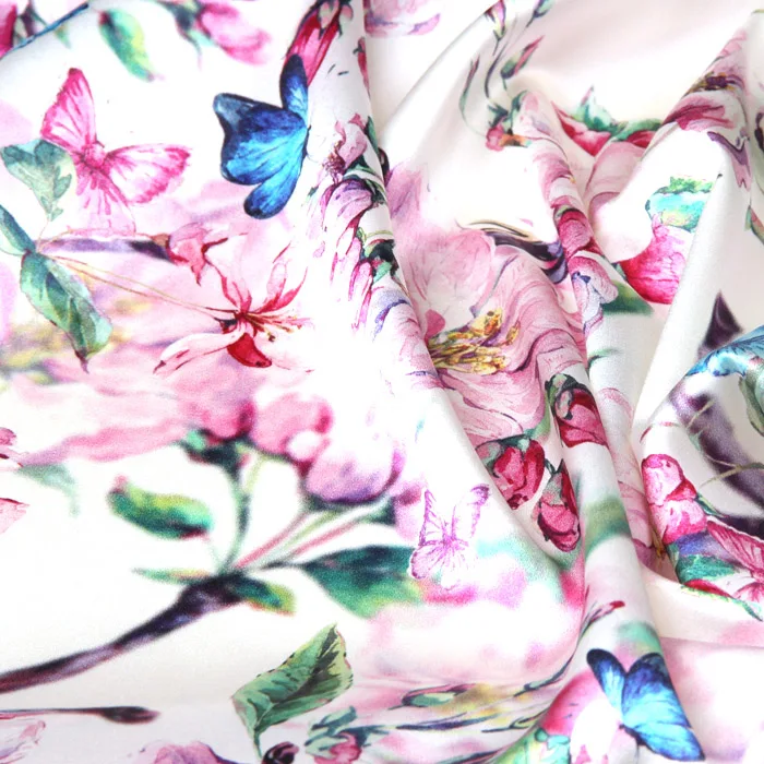 108CM Wide 19MM Flamingos Print Pink Black Strech Silk Satin Fabric for Elegant Women/'s Blouse Dress Clothing Cheongsam E337