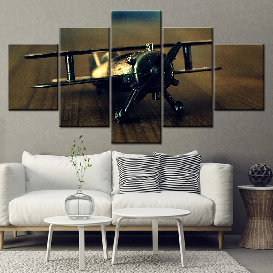 

Canvas Painting retro Aircraft model on desk 5 Pieces Wall Art Painting Modular Wallpapers Poster Print living room Home Decor
