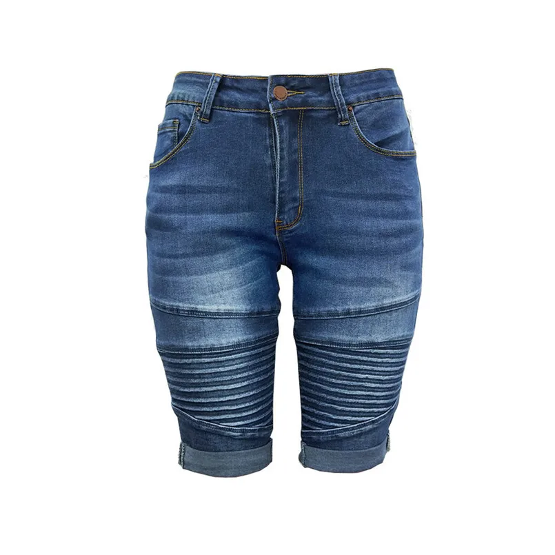 New Women Summer Mid Rise Elastic Zip Skinny Denim Knee Length Curvy Stretch Solid Jeans Fashion Vintage Shorts Jeans #4R09 (13)