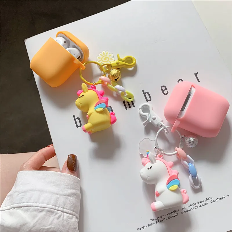 Candy Pink Case For Apple Airpods With Keychain Cute Duck Unicorn Silicone Bluetooth Earphone Cover Cartoon Headphones Case Box