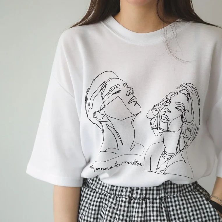 Kuakuayu HJN Женская корейская мода искусство футболка с рисунком милый Ulzzang негабаритных белая футболка в уличном стиле