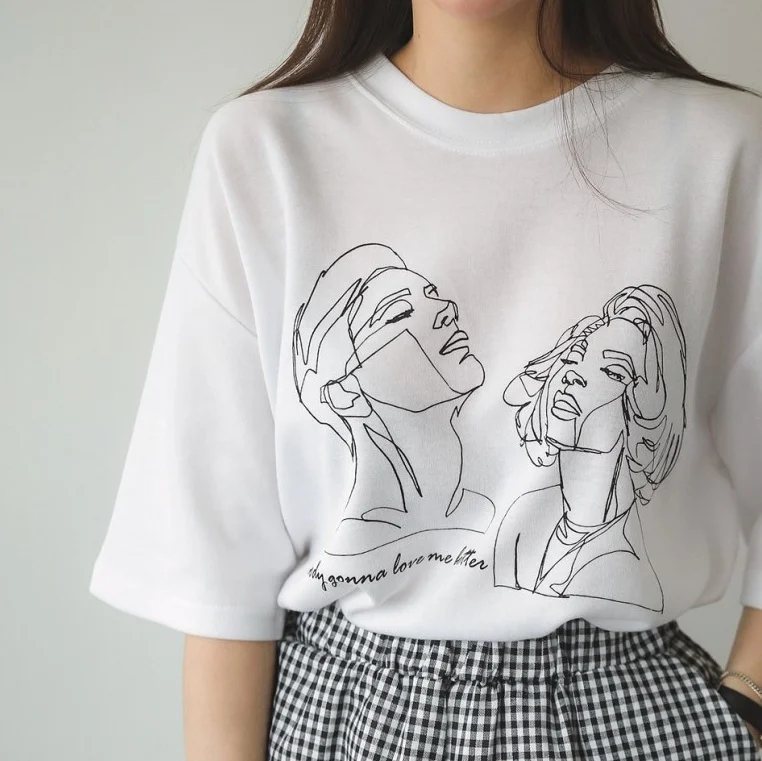 Kaufen Kuakuayu HJN Frauen Koreanische Mode Kunst Zeichnung T Shirt Nette Ulzzang Übergroßen Weiß T Straße Stil Shirt