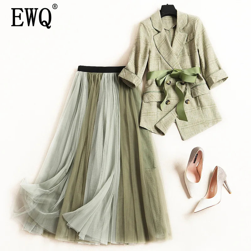 

[EWQ]2019 new Sweet turn-down collar short sleeves waist belts single breasted jacket and high waist A-line mesh skirt set WG015