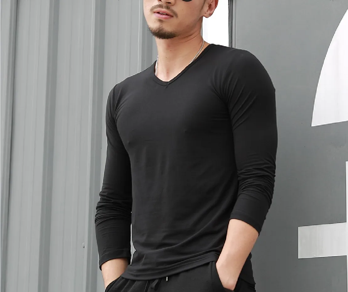 Новая модная популярная мужская приталенная стильная рубашка с длинным рукавом, повседневные футболки, топы, майки - Цвет: Черный
