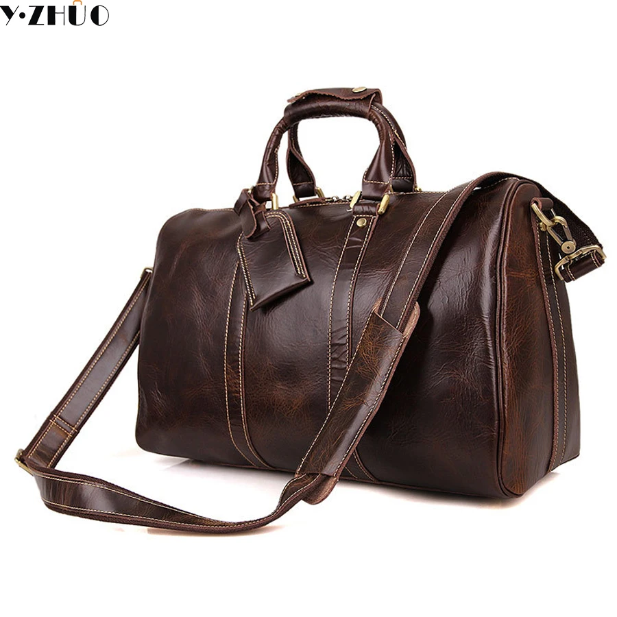 15.6 inches cowhide genuine leather men travel luggage bags big handbag men shoulder duffel bag vintage crossbody bags