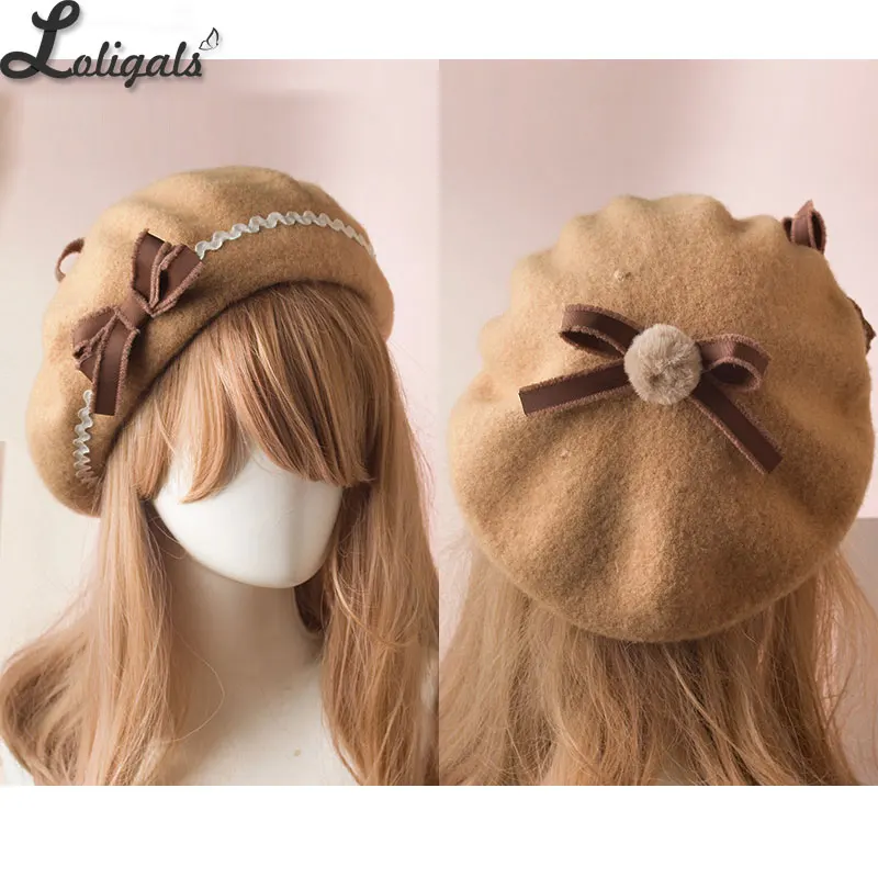 Сладкий женский Лолита Сейлор берет Готический шерстяной берет шляпа с милыми бантами для зимы - Цвет: Camel Chocolate