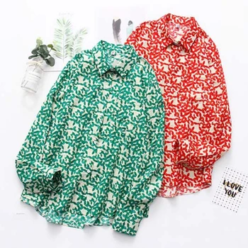 

Women Vintage Floral Print Chiffon Shirt Loose Single-breasted Cotton Long Sleeve Turn-down Collar Summer Beach Blouse Women