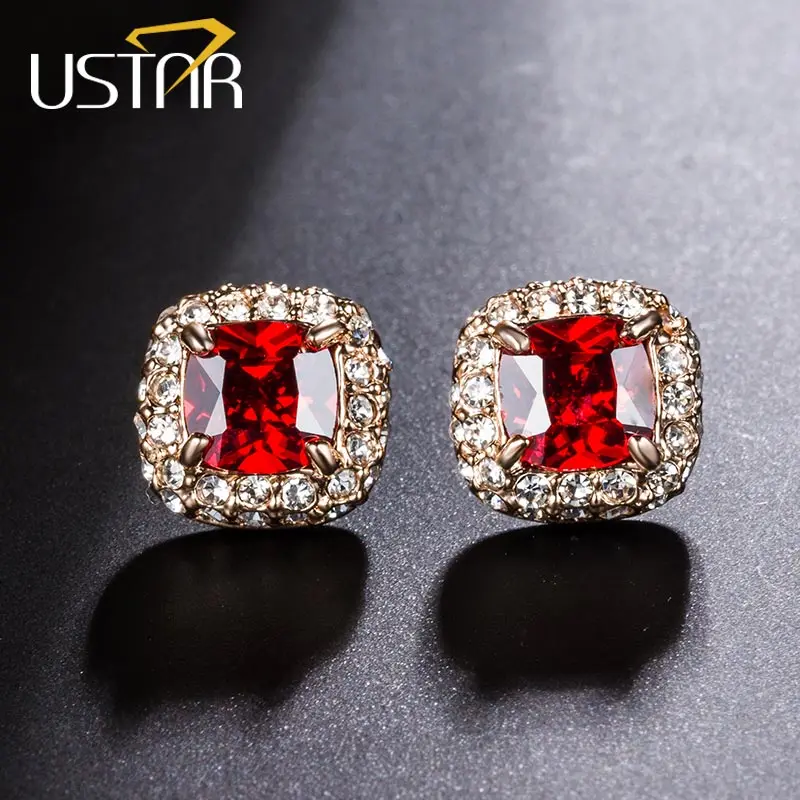 

USTAR Red Square Zircon Crystals Stud Earrings for women Rose Gold color Fashion Jewelry wedding Earring female brincos gift