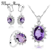Магия ikery роскошный серебряный цвет Ювелирные наборы фиолетовый кубический циркон серьги подвеска ожерелье кольца наборы