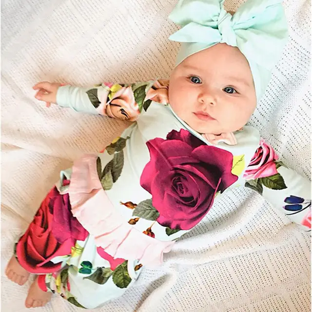 Rose Flower Printed T shirt Top Dress + Pants 2PCS Set Ruffle Newborn