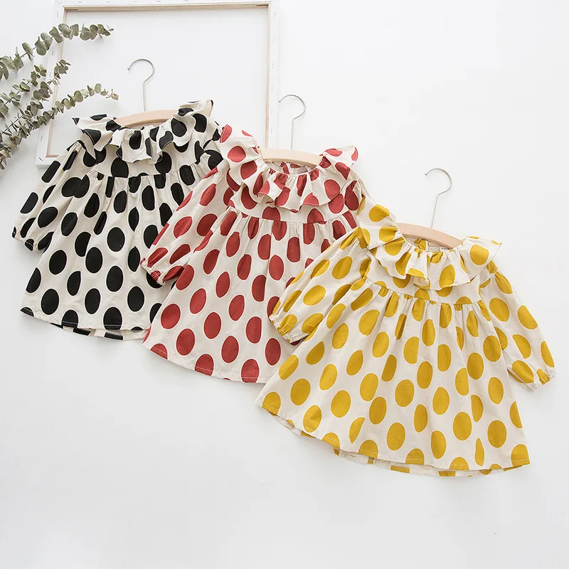 

2019 Autumn Long Sleeve Baby Girls Kids Children Infants Ruffles Collar Polka Dot Print Princess Loose Tutu Dress Vestidos