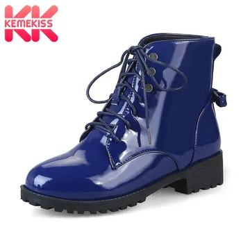 

KemeKiss 4 Color Women Ankle Boots Winter Warm Lace Up Leisure Boots Fashion Patent Leather Plush Shoes Women Size 33-46