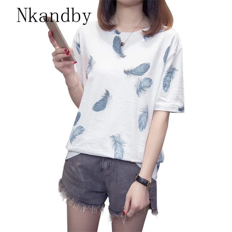 Nkandby Plus size Womens T-shirts 2022 Summer Feather Printed Woman T shirts Short sleeve Oversized Femininas Tops 5XL Tshirt
