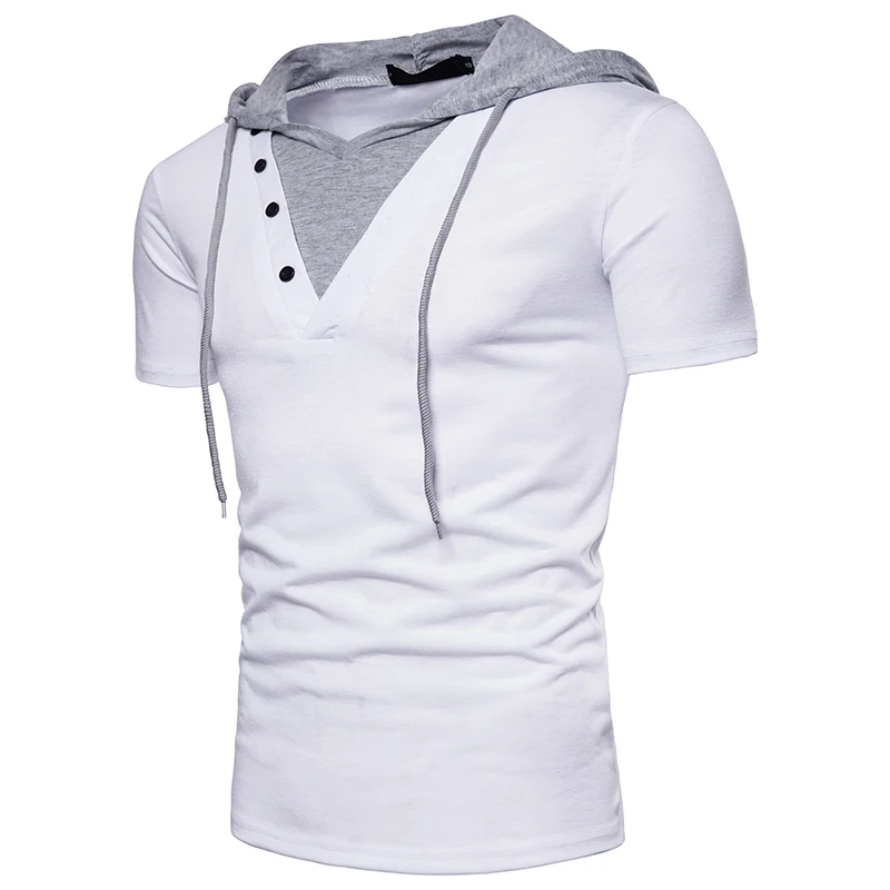 

New fake two-piece design men's Ouma hooded short-sleeved T-shirt