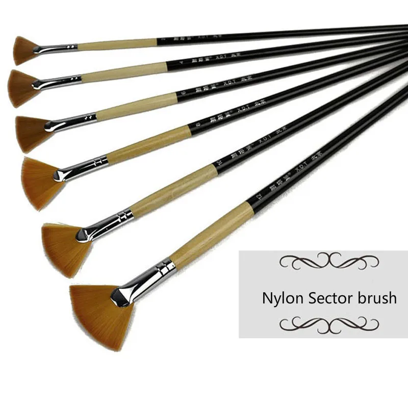 6 pcs/set Nylon fan-shaped paint brush gouache brush long rod oil painting watercolor acrylic brush Paint Drawing Art Supplies